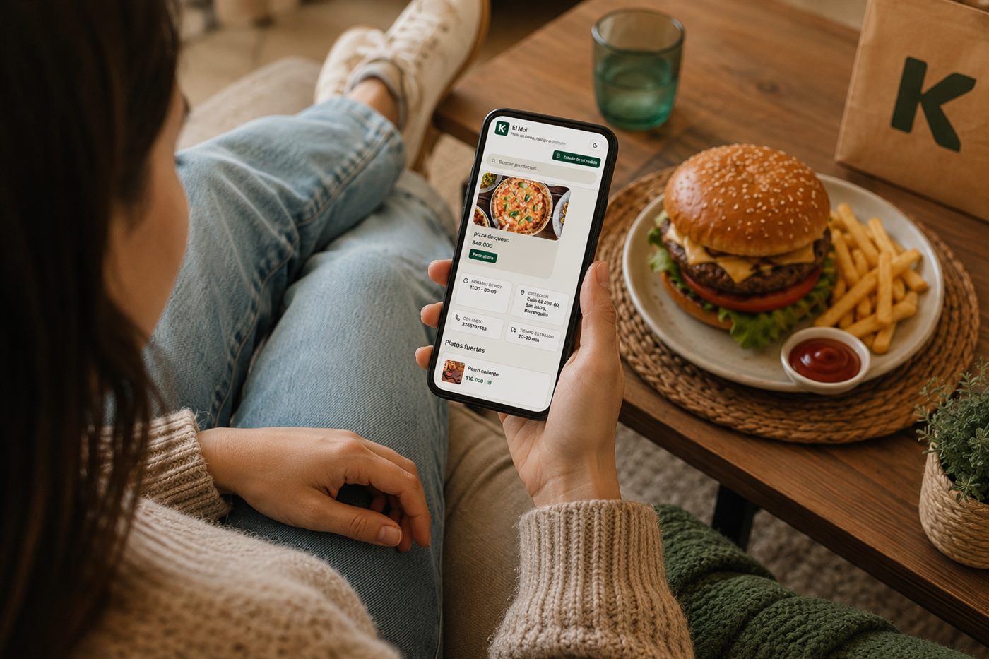 Cliente pidiendo desde su celular con el menú digital de Karta, comida sobre la mesa