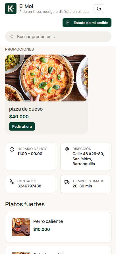 Menú digital de un restaurante hecho con Karta, visto desde el celular del cliente